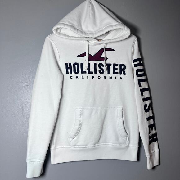 Hollister California Hoodie Women’s Medium White Graphic Pullover W/ Stains - Picture 1 of 9